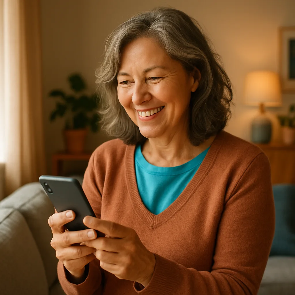 Smiling woman confidently checking her phone — verified profiles on The Aberdeen Dating Site